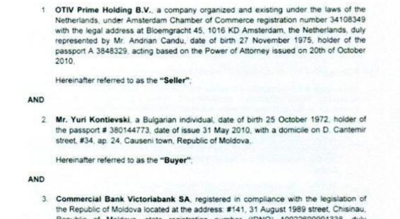 Договор о продаже украденных акций банка Victoriabank был подписан Андрианом Канду (DOC)