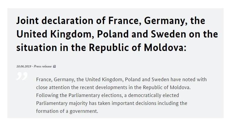 Франция, Германия, Великобритания, Польша и Швеция объявили о признании нового правительства Молдовы