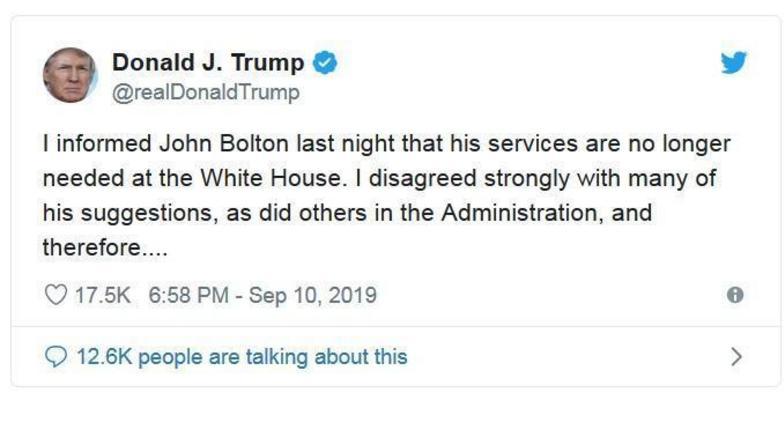 Дональд Трамп уволил своего советника по нацбезопасности Джона Болтона