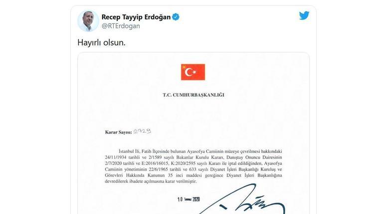 Президент Турции подписал указ о превращении Собора Святой Софии в мечеть