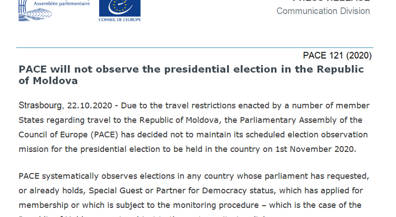 Парламентская ассамблея Совета Европы отказалась от направления наблюдателей на выборы в Молдове