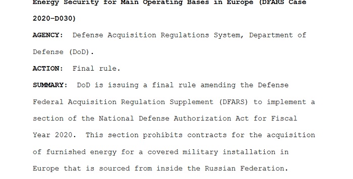 Военным базам США в Европе запрещено покупать энергоносители из России